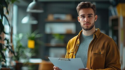 Fototapeta premium business concept young guy preparing for presentation, studio shot, panorama