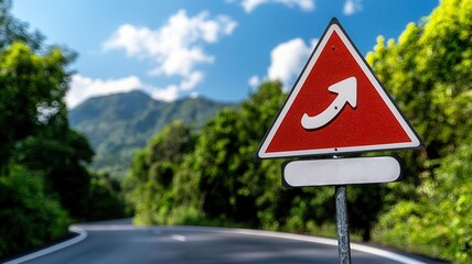 Curvy road sign indicating a right turn, surrounded by lush greenery and mountain scenery under a bright blue sky.