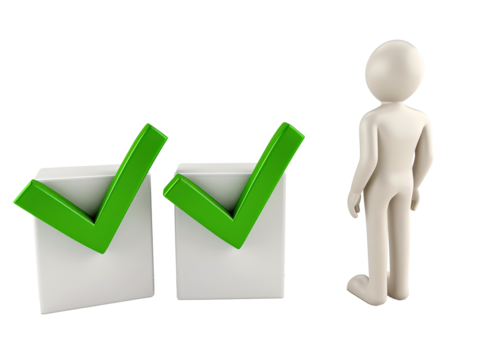 a person standing next to a check mark