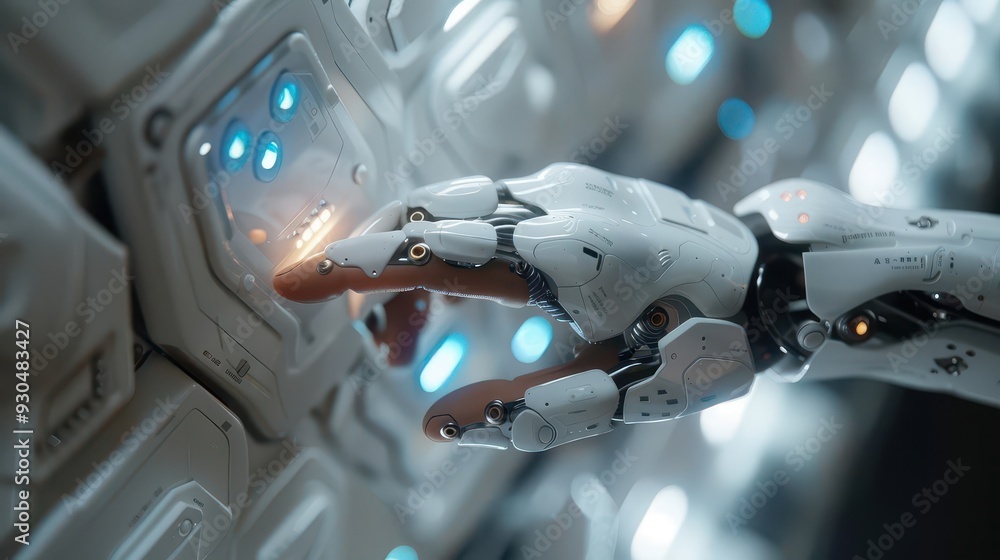 Poster a futuristic robotic hand interacting with a high-tech interface, showcasing advanced technology and