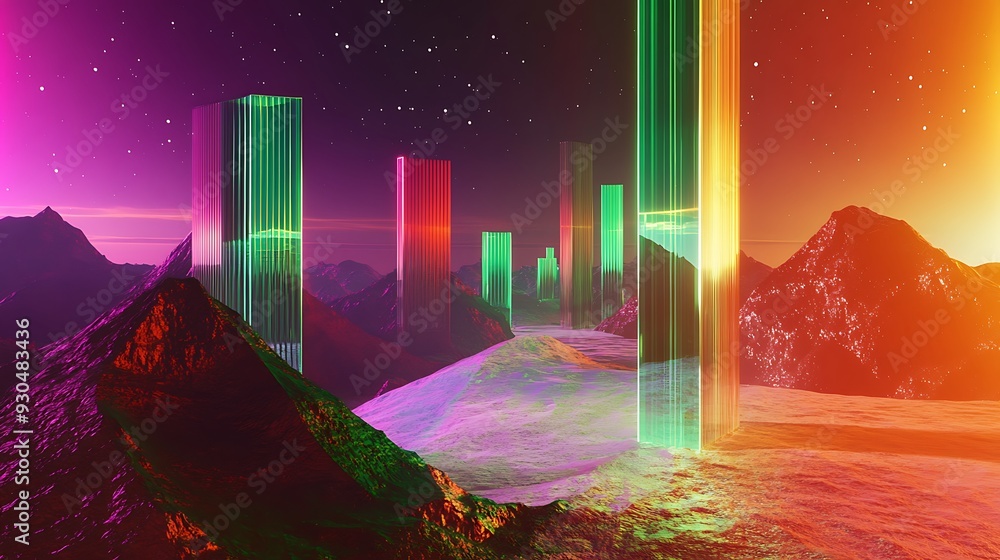 Poster enigmatic alien terrain: 3d render of hovering geometric prisms with iridescent light trails in gree