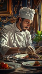 Chef meticulously preparing gourmet dishes in an elegant kitchen, focusing on perfect presentation and exquisite culinary artistry.