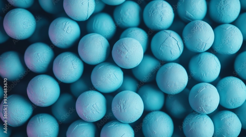 Poster aerial view of symmetrically arranged neon blue soccer balls creating a geometric pattern with brigh