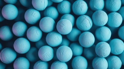 Aerial View of Symmetrically Arranged Neon Blue Soccer Balls Creating a Geometric Pattern with Bright Diffused Lighting