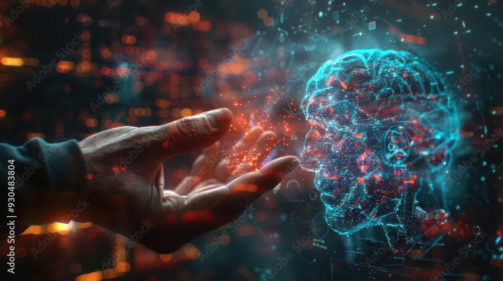 Poster futuristic interaction between human hand and digital brain, symbolizing advanced technology and art