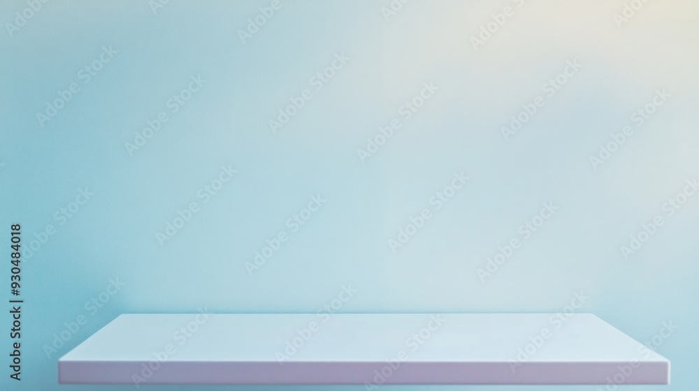 Poster Serene Pastel Blue Minimalist Table for Product Display with Tranquil Field Bokeh Background - Soft Natural Lighting in Fashion-Themed Scene