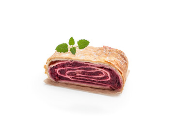 Delicious strudel slice with cherries isolated on white