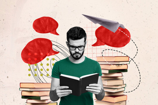 Creative collage picture young man student learn preparation read book library literature stack pile textbox speech paper airplane