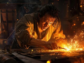 Focused blacksmith working with intense heat to mold metal, sparks flying around in a dark, rustic workshop setting.