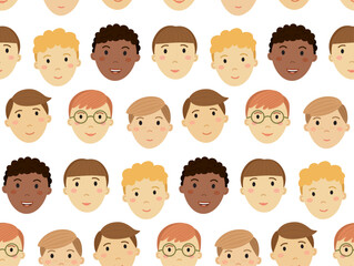 Seamless cartoon pattern with cute boy's smiling faces. Vector colorful backdrop in flat style	