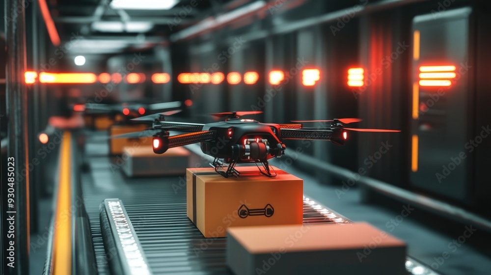 Poster a drone loading station with packages being efficiently loaded for delivery, showcasing payload mana