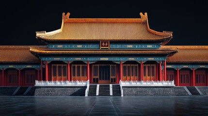 Fototapeta premium A traditional Chinese palace with a golden roof and red pillars, set against a black background.