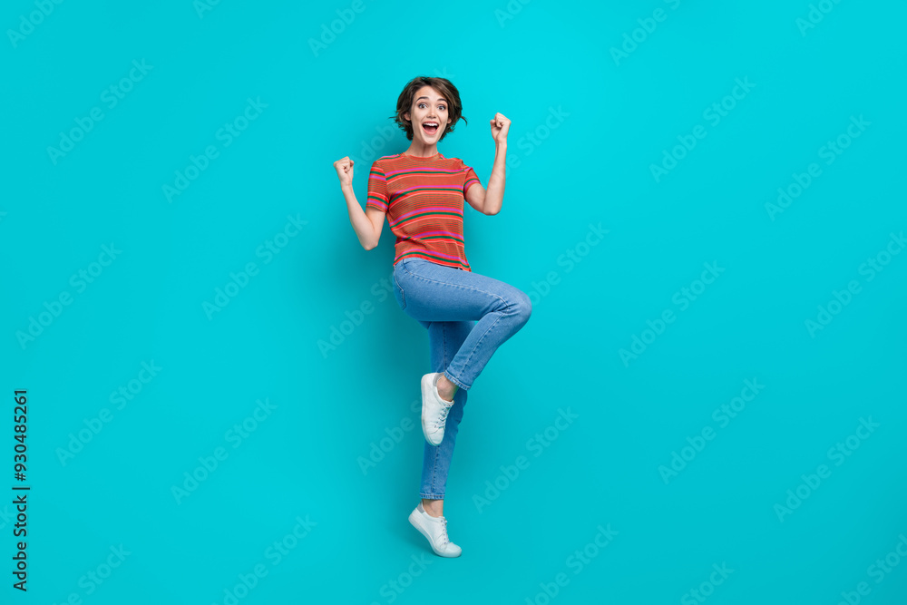 Poster full length photo of overjoyed cheerful woman celebrate victory casino jackpot lottery isolated on c