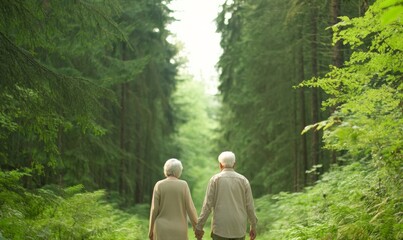 Elderly Caucasian Couple Walking Hand in Hand Through Serene Forest Path, Enjoying Peaceful Morning, Surrounded by Lush Greenery