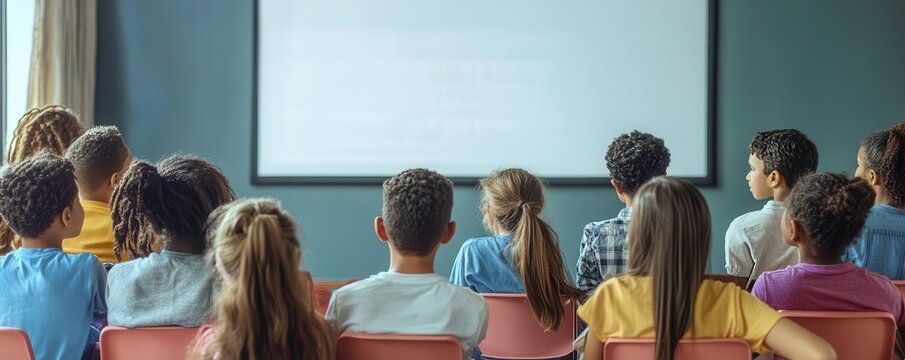 Group of children watching a presentation in a classroom setting, learning and education concept with focus on screen.