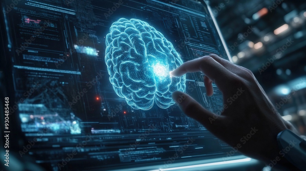 Poster a hand reaches out to engage with a glowing, digital brain representation on a high-tech screen in a
