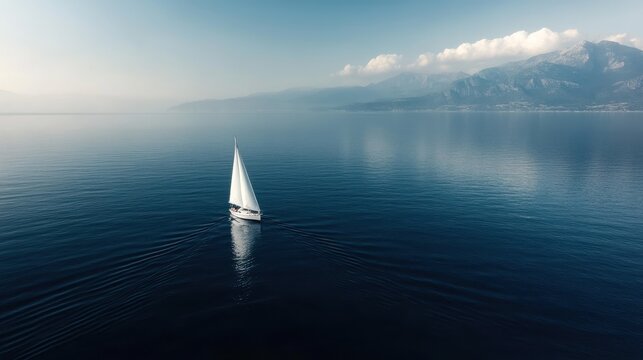 A sailboat sails on a calm sea with mountains in the background, blending natural beauty with the serene atmosphere of calm waters and open skies. - Powered by Adobe