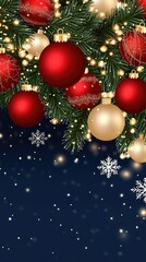 A vibrant holiday backdrop showcases red ornaments, snowflakes, and bokeh lights, perfect for creating a festive atmosphere and accommodating product placement