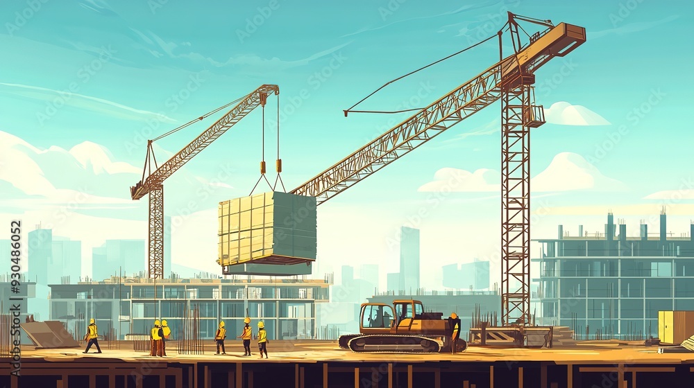 Poster a crane moving a large load of materials across a construction site, with workers coordinating the o