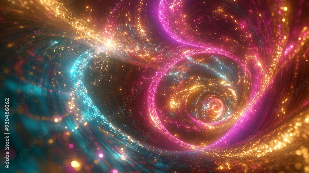 Poster quantum flux - 3d render of abstract field with vortexes and luminous particles in magenta, cyan, an