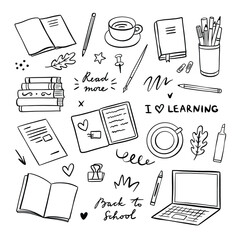 Cute school illustrations on white background. Vector books, school supplies, notebook, laptop. Back to school vector set