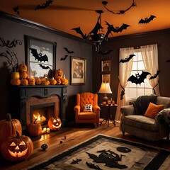 Obraz premium Cozy Halloween Room with Paper Decorations, Bats, Ghosts, and Pumpkins Hanging in a Warm, Spooky Atmosphere