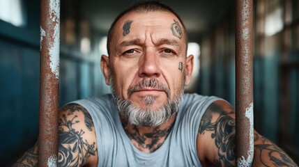 Obraz premium Portrait of a mature man with facial and arm tattoos, wearing a sleeveless shirt, and standing behind rusted bars in a dimly lit environment.