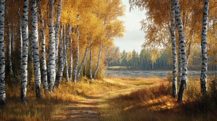 Fototapeta premium Autumn landscape with birch trees. Ai generation