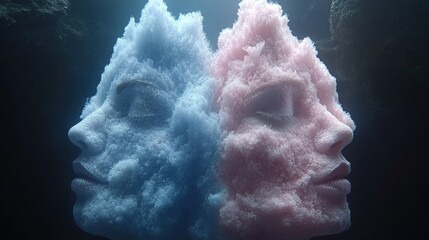 Surreal twin faces sculpted from clouds in dreamlike sky