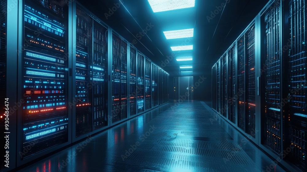 Poster a futuristic data center corridor featuring rows of illuminated server racks and advanced technology