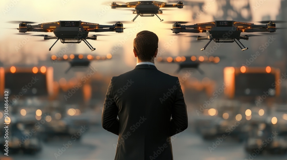 Poster a logistics manager overseeing the deployment of a large fleet of delivery drones, emphasizing fleet