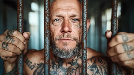 A man with tattoos on his face and hands holding onto rusty prison bars, looking directly at the camera.