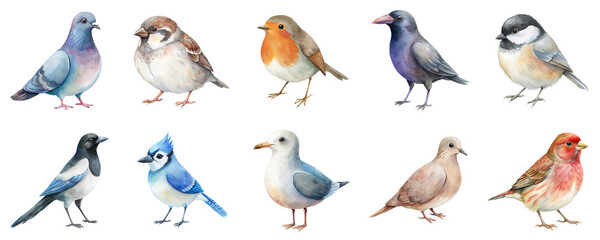 City birds in watercolor illustration set. Cute icons collection of featuring various urban feathered creature isolated on transparent background.