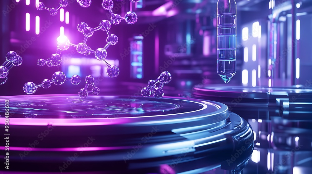 Poster digital high-tech laboratory with floating data holograms and rotating molecular models in purple, b