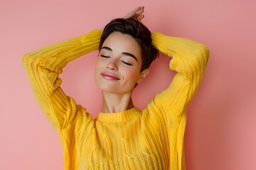 Young Woman in Yellow Sweater Portrait Fashion Style Beauty Casual