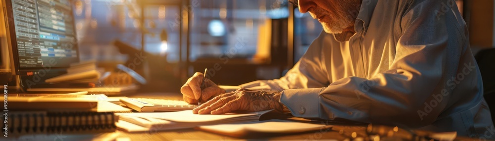 Poster a focused individual working late at a desk with a computer, writing on a notepad in a warmly lit of