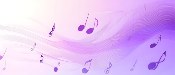 A vector illustration of a music notes banner, featuring a fresh purple color palette. The notes are stylized and float along curved lines that frame a central white space for text