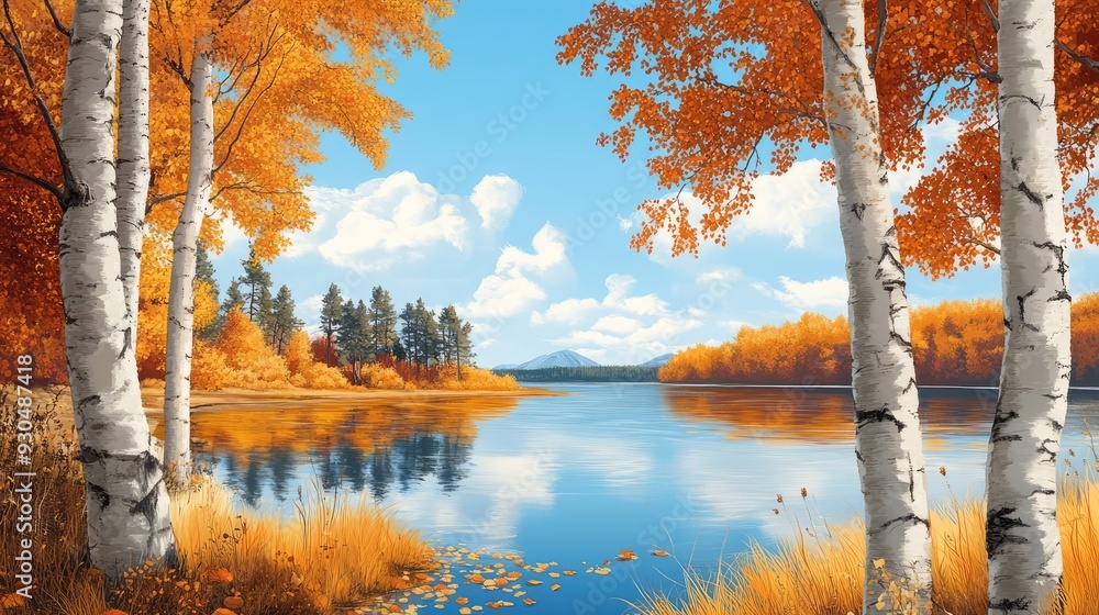 Wall mural Autumn landscape with birch trees. Ai generation