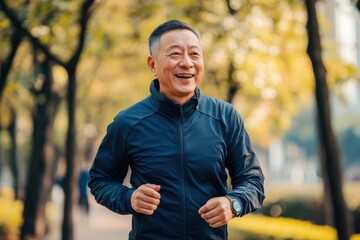 Friendly aged asian man running in a park wearing sportswear and a smartwatch