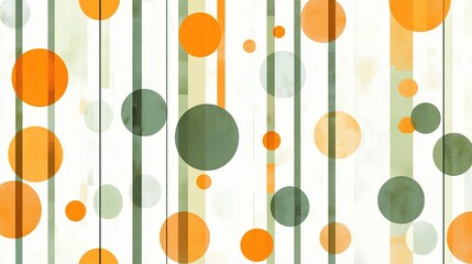 Abstract geometric pattern with orange and green circles and stripes.