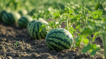 Green watermelon plants on the ground 