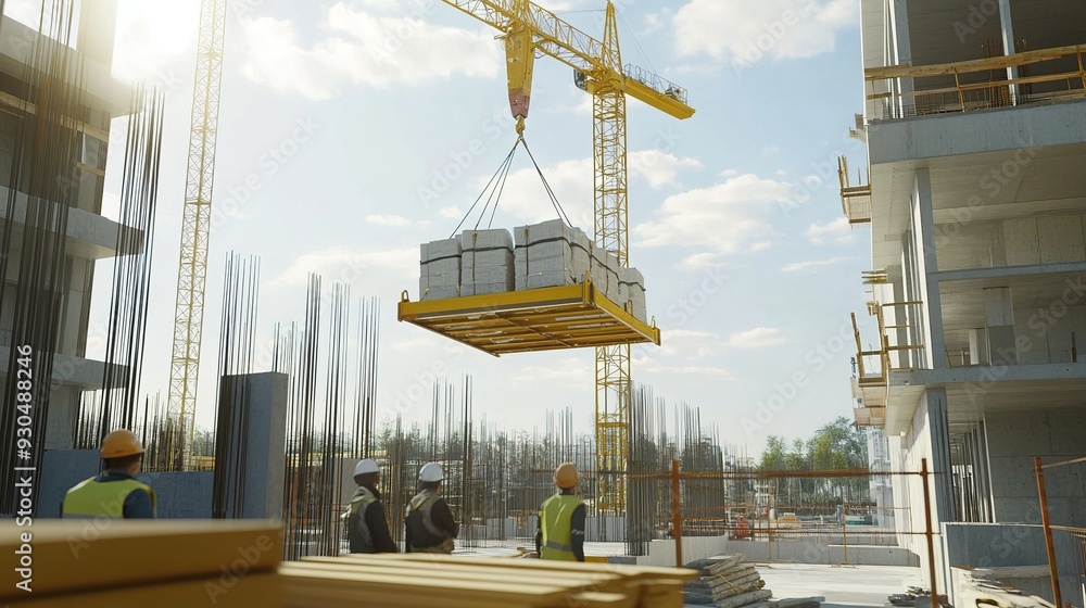 Poster a crane moving a large load of materials across a construction site, with workers coordinating the o