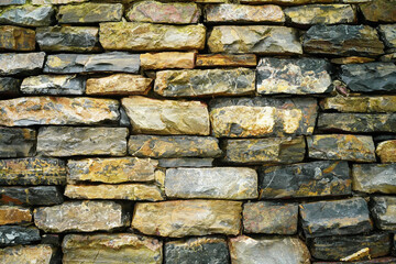 Many different size of rectangle brown grey stone wall for abstract background and texture for interior or exterior design. Beautiful patterns, space for work, banner, wallpaper close up.