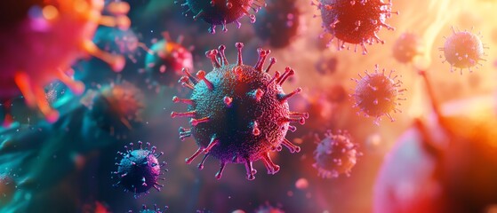 Fototapeta premium A colorful illustration of viruses under a microscope, showcasing intricate details and vibrant colors, highlighting microbiological research.