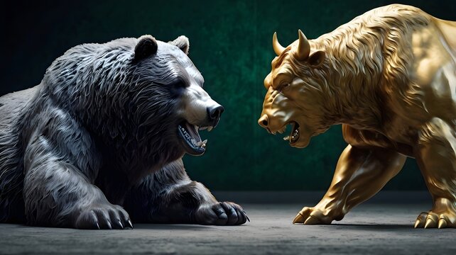 Bullish Golden Bull and Bearish Silver Bear, 3D horizontal illustration, Investment Concept Art.