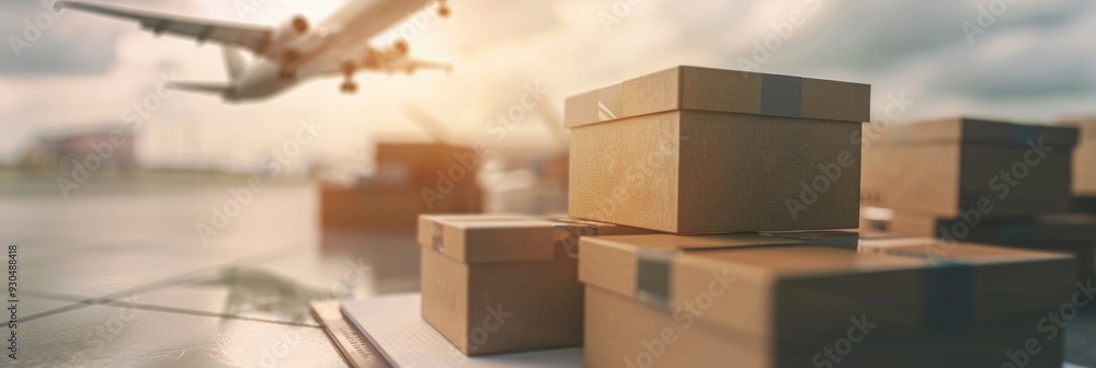 Poster paper boxes on a notebook with an airplane in the background, illustrating concepts of transportatio