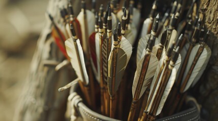 A close-up of a quiver full of arrows, ready for an archery competition