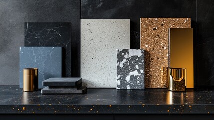 interior material samples contains panels and tiles. interior moodboard including terrazzo  quartz  stone tiles  blue laminated  wooden flooring tiles  gold stainless placed on black marble table