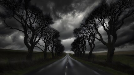 Fototapeta premium An eerie road bordered by twisted, leafless trees, dark clouds looming overhead, ominous and suspenseful mood, rule of thirds balancing the road with the dramatic sky