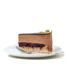 Indulgent Chocolate Mousse Cake Slice on White Plate

